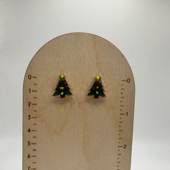 Dainty Christmas Tree Stud Earrings Post Back Gold Green Red Yellow NEW Boutique - Picture 2 of 7